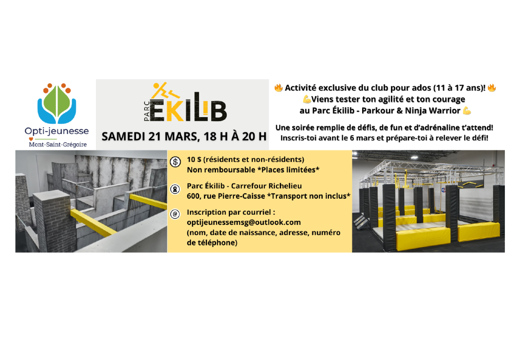Activité au Parc Ékilib pour ados du Club Opti-jeunesse Mont-Saint-Grégoire