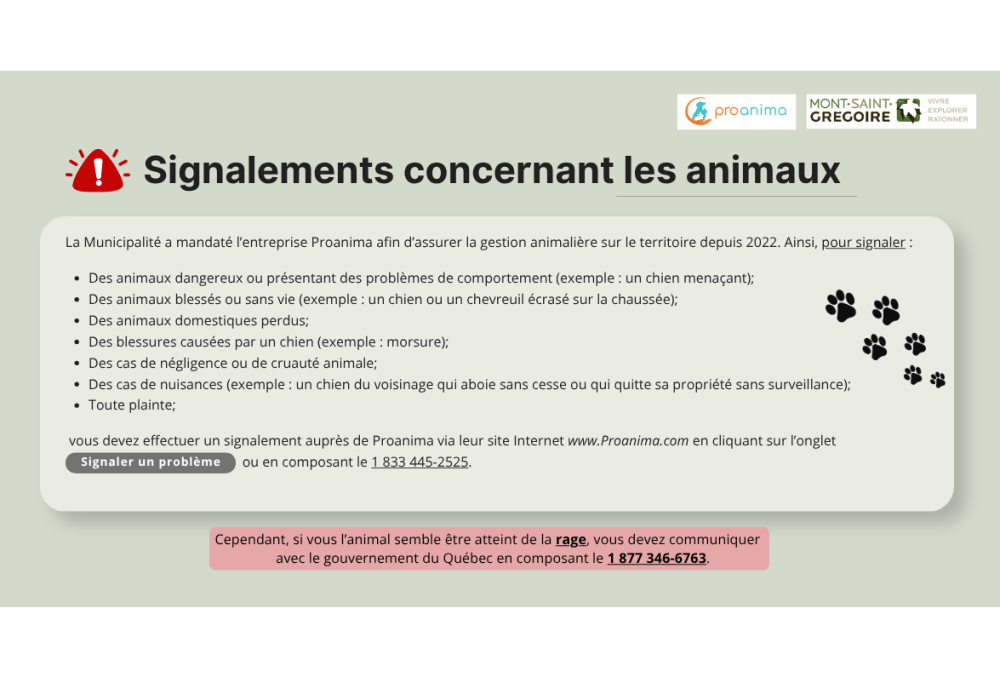 Signalements concernant les animaux