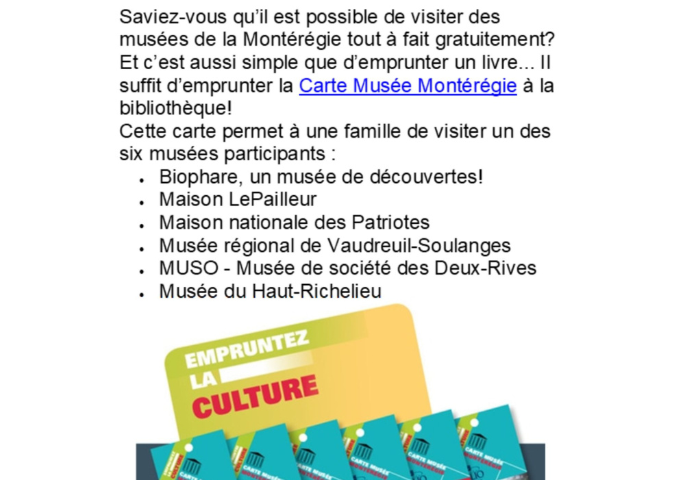 Carte Musée Montérégie disponible à la Bibliothèque