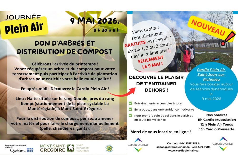 Don d’arbres, distribution de compost, plantation d’arbres et entraînements en plein air