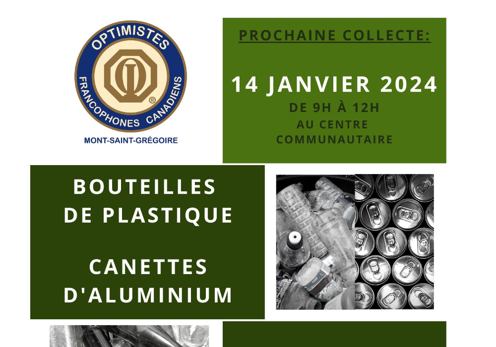 Collecte de bouteilles de plastique, canettes et bouteilles de vitre du Club Optimiste